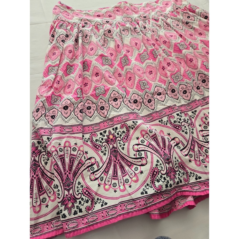 Y2K Pink Paisley Skirt Size 16 Boho Midi Cotton Lined Border Print Cottagecore